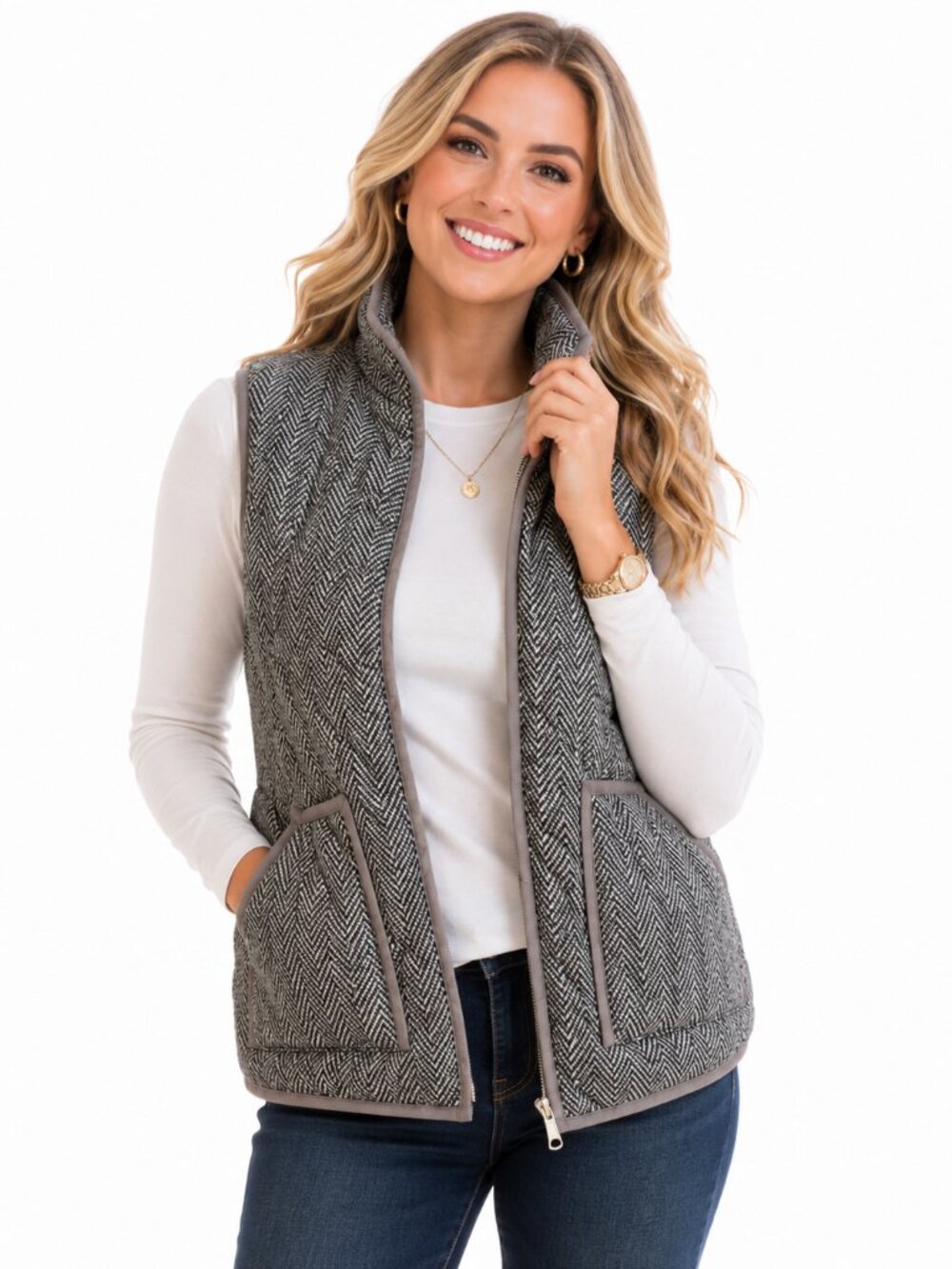 Gray Herringbone Quilted Vest Full Zip NWT